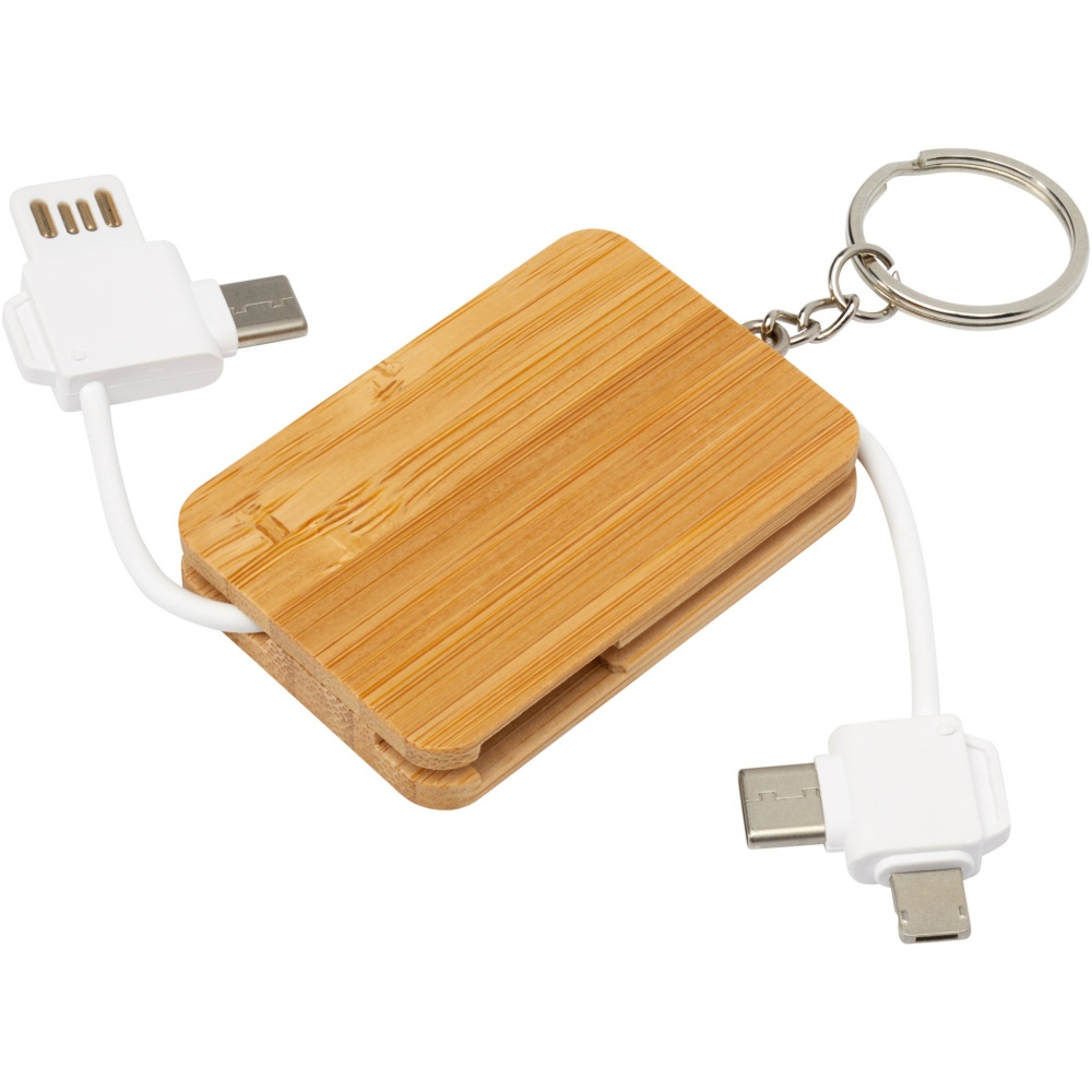Logo trade promotional giveaways picture of: Reel 6-in-1 retractable bamboo key ring charging cable