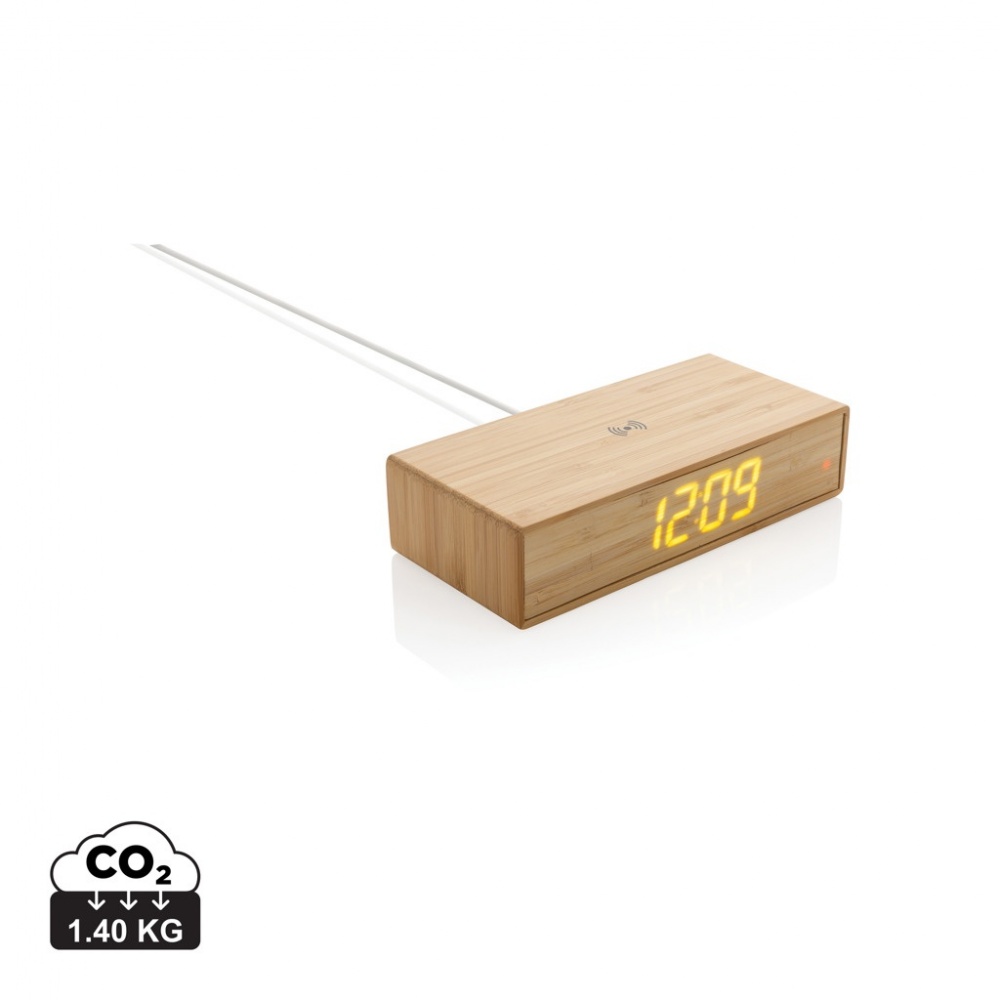 Logotrade promotional giveaway image of: Bamboo alarm clock with 5W wireless charger