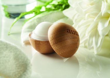 Logo trade promotional giveaway photo of: Lip balm in round bamboo case