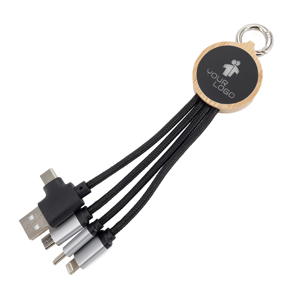 Logo trade promotional item photo of: 4-in-1 cable with elighted logo in a wooden casing, LH-ZMU05