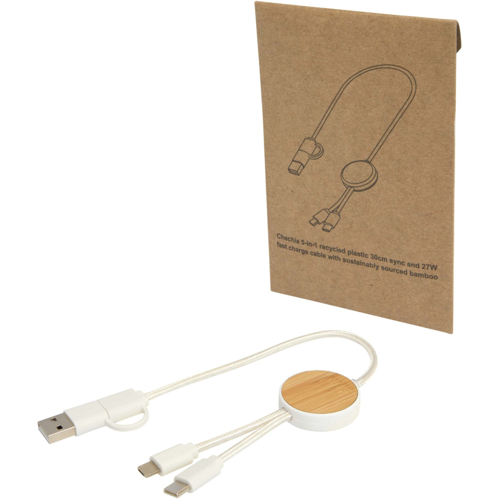 Logotrade promotional giveaways photo of: Chechia 5-in-1 recycled plastic 30 cm data sync and 27W fast charge cable with bamboo details