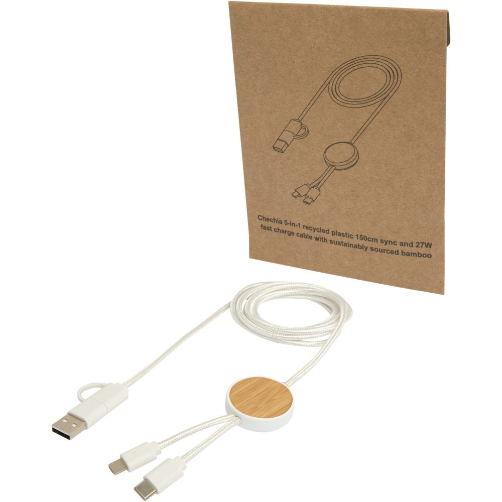 Logotrade promotional merchandise image of: Chechia 5-in-1 recycled plastic 150 cm data sync and 27W fast charge cable with bamboo details
