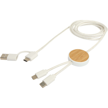 Logo trade corporate gifts image of: Chechia 5-in-1 recycled plastic 150 cm data sync and 27W fast charge cable with bamboo details