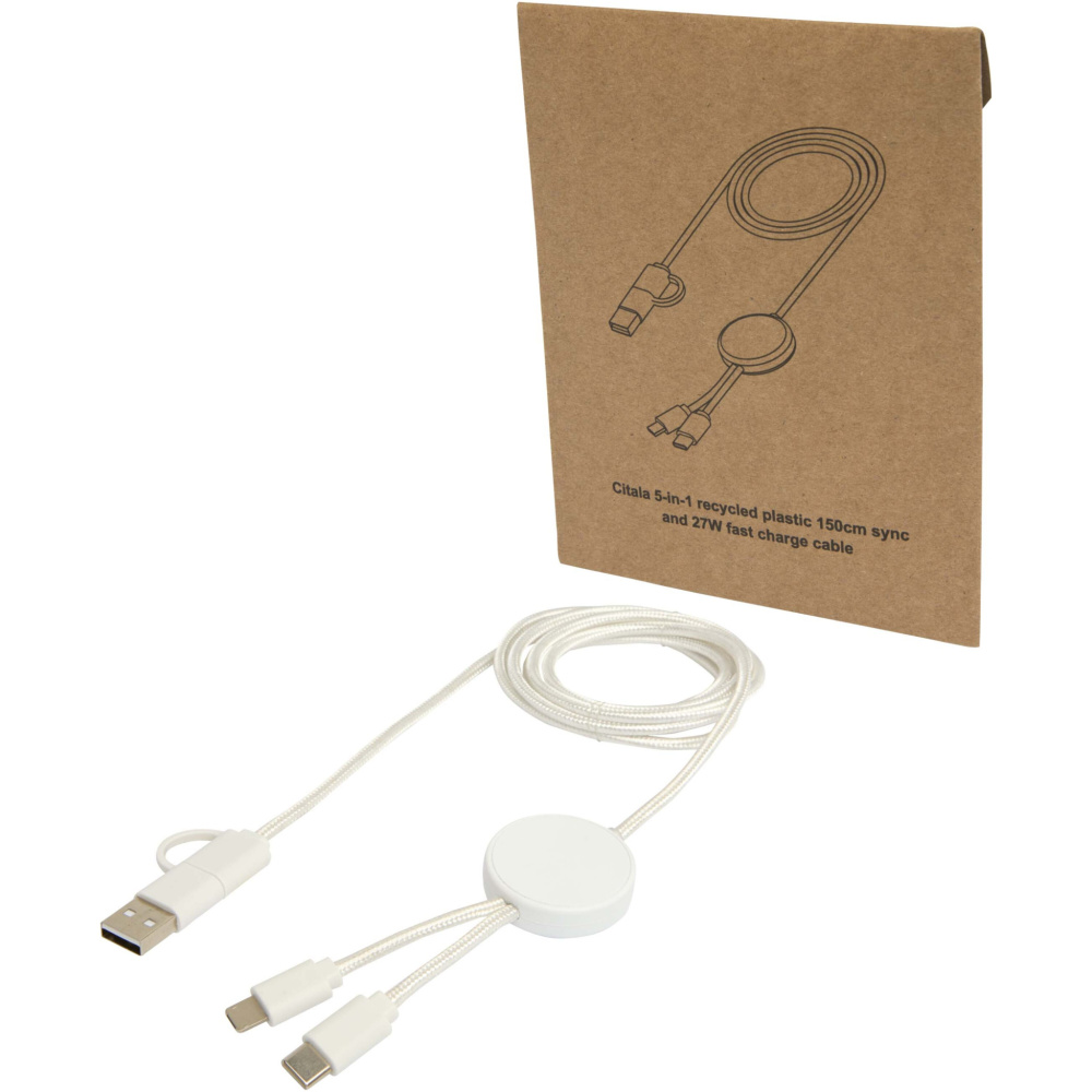 Logotrade corporate gift picture of: Citala 5-in-1 recycled plastic 150 cm data sync and 27W fast charge cable