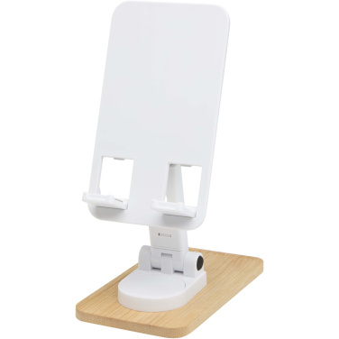 Logo trade corporate gifts image of: Alfirk recycled plastic foldeable desk phone stand with bamboo details