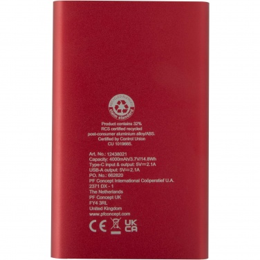 Logo trade reklaamtoote pilt: Pep 4000 mAh Type-C taaskasutatud alumiiniumist akupank 