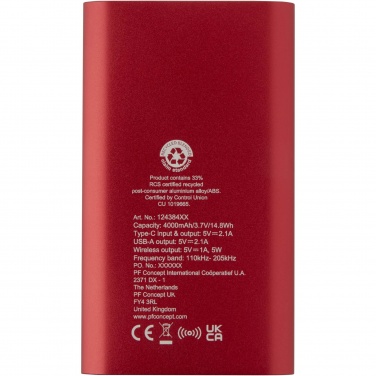 Logo trade reklaamtoote pilt: Juice 4000 mAh Type-C taaskasutatud alumiiniumist juhtmevaba toitepank 