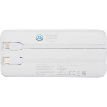 Logotrade korporatīvās dāvanas foto: Adhil 10.000 mAh 10W pārstrādātas plastmasas pārnēsājamais akumulators ar 2 iebūvētiem kabeļiem