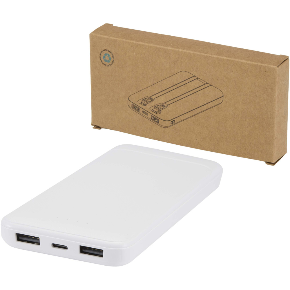 Логотрейд pекламные cувениры картинка: Adhil портативное зарядное устройство емкостью 10 000 мАч мощностью 10 Вт из переработанного пластика с 2 встроенными кабелями