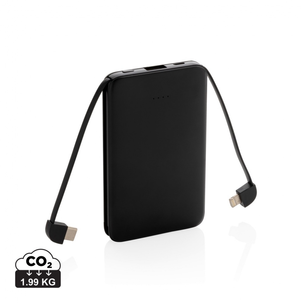 Logotrade kampanjprodukter bild: 5.000 mAh powerbank i fickformat med integrerade kablar